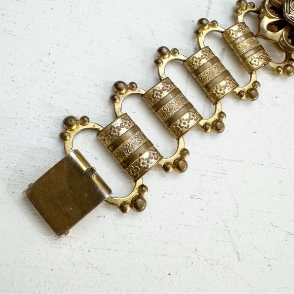 Vintage Art Deco Onyx Oval Seed Pearl Gold Tone Link Intricate Inlay Retro Gift - Picture 9 of 16